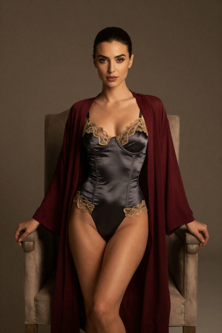 AiPronKingdom muse in charcoal satin with gold lace before the plain throne